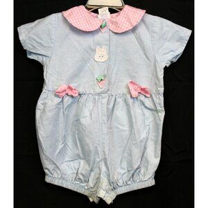 Vtg 90s Buster Brown Easter Romper Blue Pink Gingham Bunny sz 18m Collar Bows